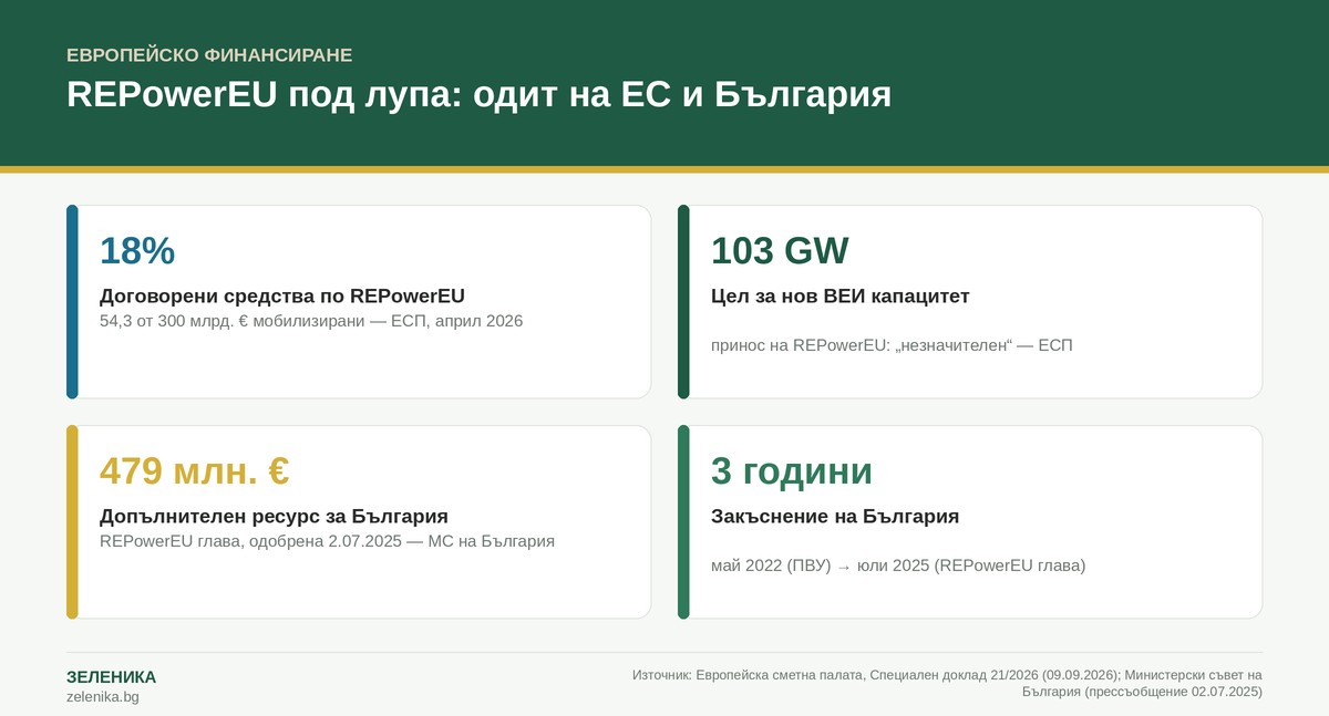 Инфографика: доклад 21/2026 на Европейската сметна палата за REPowerEU — 18% от 300 млрд. евро договорени (април 2026), цел 103 GW ВЕИ капацитет с „незначителен“ принос, 479 млн. евро допълнителен ресурс за България, 3 години закъснение на българската REPowerEU глава (май 2022 → юли 2025)